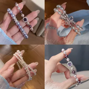Elegant Korean style freshwater pearl bracelets with sparkling rhinestone charms for women