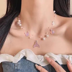 Fresh Sweet Mermaid Fish Tail Shell Sequin Artificial Pearl Pendant Necklace Beach Vacation Transparent Line Choker Women Jewelry