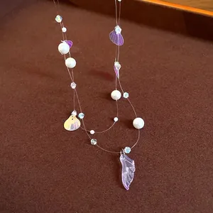 Fairy style shell and pearl pendant necklace with transparent illusion wire for beach