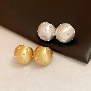 Minimalist Brushed Round Star Rhinestone Stud Earrings With 925 Sterling Silver Earring Post Light Luxury Jewelry For Women