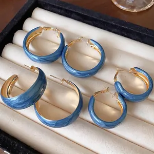 Korean Style Klein Blue Marble Rendering Round Hoop Earrings With Silver Earring Post Gold Plated Iron Geometric Earrings For Women Jewelry