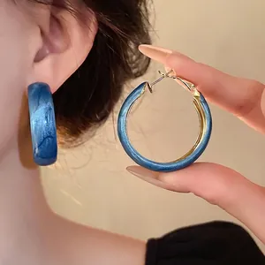 Elegant Klein blue marbled hoop earrings with S925 silver needle, stylish resin accessory