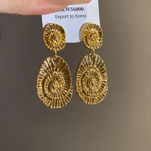 Close-up of vintage style textured oval gold earrings on a display card