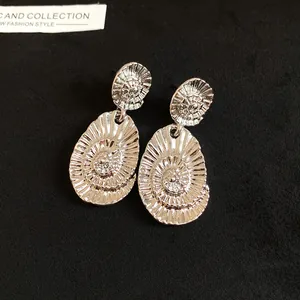 Macro detail of silver-toned oval drop earrings featuring a unique spiral shell texture
