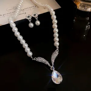 French Court Vintage Alloy Artificial Pearl Rhinestone Jewelry Set Water Drop Crystal Pendant Necklace Earrings For Wedding Women