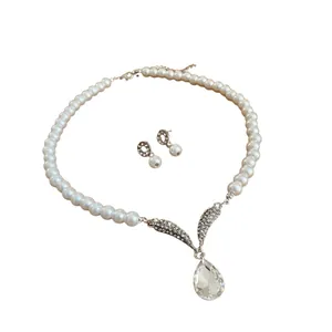 Elegant French style pearl necklace and earring set with water drop crystal pendant