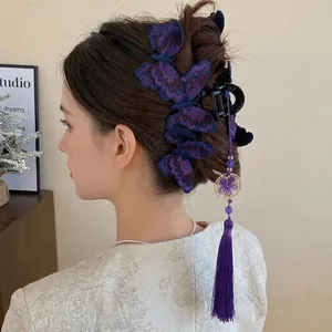 New Chinese Style Embroidery Butterfly Tassel Hair Claw Clip Vintage Purple Hair Styling Accessories For Women Girls