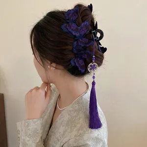 New Chinese style hair claw clip with purple butterfly embroidery and tassel