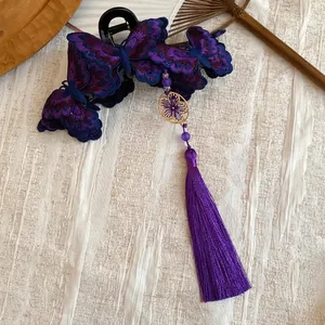 Purple embroidered butterfly hair claw clip with long tassel Chinese style hair accessory