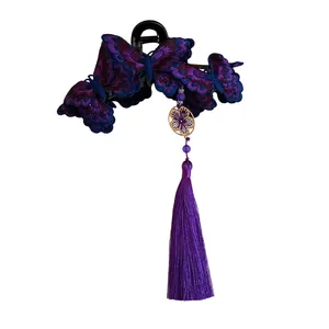 Elegant New Chinese style purple embroidered butterfly hair claw clip with long silk tassel