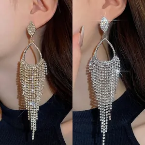 Vintage High End Water Drop Tassel Earrings With 925 Sterling Silver Earring Post Copper Inlaid Rhinestone Dangle Stud Earrings For Women