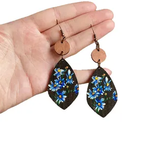 Bohemian teardrop wooden earrings with blue floral print and retro style
