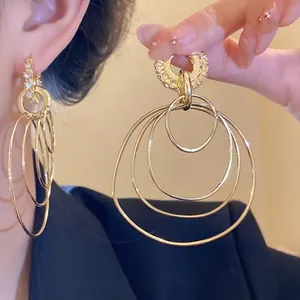 Vintage Exaggerated Multi-layer Round Drop Hoop Earrings Inlaid Rhinestone Gold Alloy Geometric Ear Jewelry for Women
