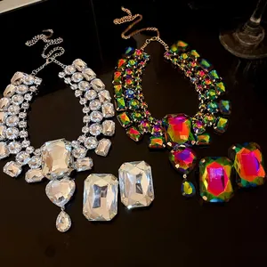 Exaggerated Rhinestone Heart Water Drop Necklace And Earrings French Vintage Copper Alloy Jewelry Necklace For Banquet Wedding Women