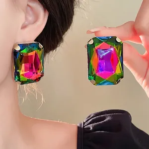 Statement French vintage style square earrings with multi-colored faceted rhinestones