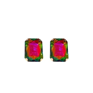Vintage style rectangular iridescent gemstone stud earrings with colorful rainbow glass facets