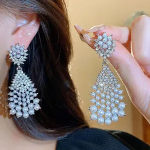 Vintage Artificial Pearl Tassel Drop Earrings With 925 Sterling Silver Earring Post Luxurious Rhinestone Teardrop Jewelry For Women Wedding