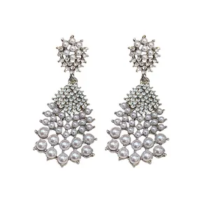 Vintage style silver needle dangle earrings with elegant pearls and sparkling rhinestones