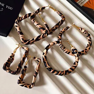 Leopard Print Leather Wrapped Hoop Earrings With 925 Sterling Silver Earring Post Geometric Square Round Alloy Earrings For Women