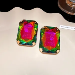 Vintage rainbow rectangular rhinestone stud earrings with gold claw setting