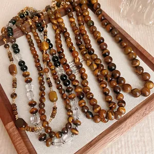 Maillard Stil Retro Tigerauge Stein Perlenkette Für Damen Herbst Winter Vintage Lange Pulloverkette Modeschmuck