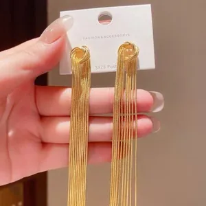Elegant long gold metallic tassel drop earrings with S925 sterling silver posts