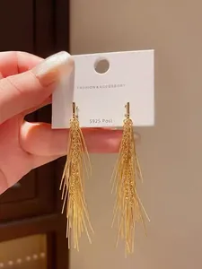 Detailed view of elegant gold metal tassel drop earrings featuring S925 silver posts