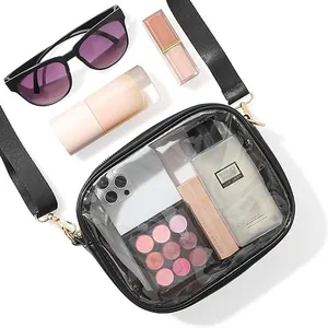 Clear PVC crossbody travel bag for cosmetics with waterproof large capacity design