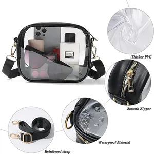 Transparent PVC crossbody bag featuring waterproof material and a reinforced shoulder strap.