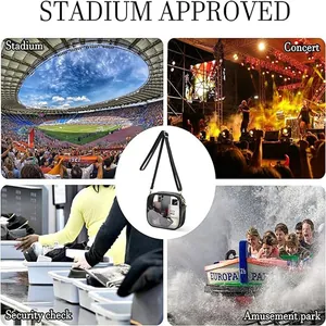 Clear PVC crossbody bag shown in stadium, concert, security check and amusement park.