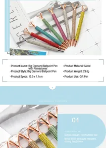 Detailed view of colorful rhinestone ballpoint pens with large sparkling diamond tops.