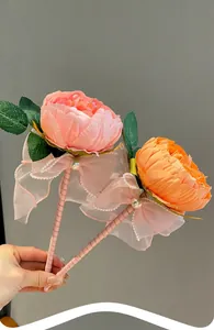 Creative flower shaped ballpoint pens with ribbon and pearl decor, pink and orange set.