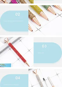 Close-up of luxury rhinestone ballpoint pen with a crystal diamond top and metal body