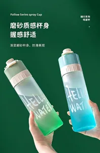 Detailed view of the frosted gradient spray water bottle featuring Hello Water text