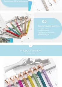 Detailed macro view of colorful crystal rhinestone ballpoint pens with large diamond tops.