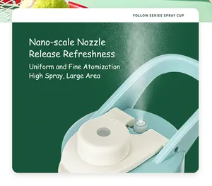 Close-up detail showing the fine cooling mist spray of the sports water bottle