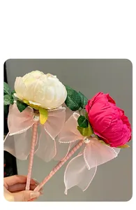 Artificial peony flower pens with elegant pink bows and pearl details for gifts