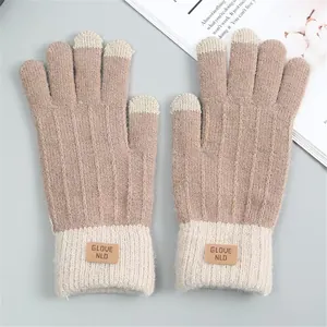 Detailed view of warm knit gloves with touch screen tips and brown leather label