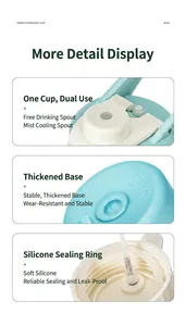 Details of spray water bottle showing dual-use lid, thick bottom and silicone seal ring