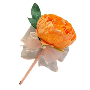Elegant creative artificial flower pen with orange peony and pink lace bow decoration