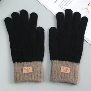 Winter warm black and beige faux alpaca wool gloves with touch screen fingertips