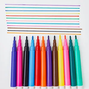 Set of 12 vibrant washable mini watercolor markers with color strokes on white paper.