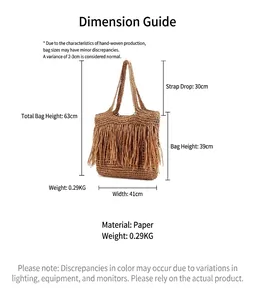 Bolso de paja tejido a mano con flecos y especificaciones detalladas de las medidas