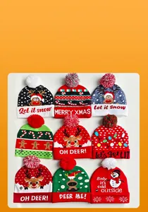 Variety of Christmas knitted beanies with festive patterns and built-in LED lights