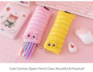 Creative zipper pencil cases in pink and yellow with cute cartoon eyes decoration