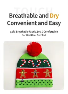 Close-up view of a festive Christmas knitted beanie with glowing LED lights and red pom-pom