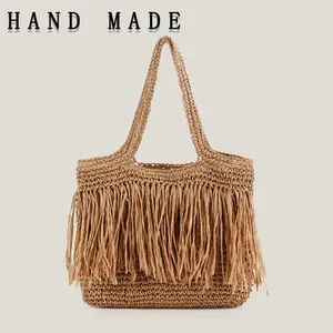 Bolso de Hombro de Papel Tejido a Mano con Borlas Bohemio Gran Capacidad Bolso de Playa para Mujer Bolso Estilo Paja Verano