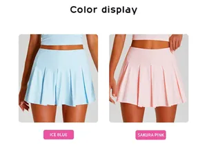 Detailed color options of pleated tennis skirts in Ice Blue and Sakura Pink styles.