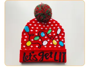 Red Christmas knit beanie with LED lights and 'let's Get LIT' slogan detail shot.