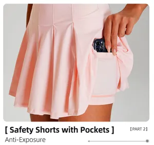 Detail view of pink pleated athletic tennis skirt with functional inner shorts pocket